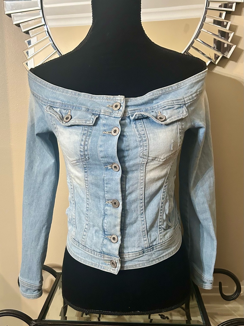 PLEASE Made in Italy Off the Shoulder Denim Jacket
